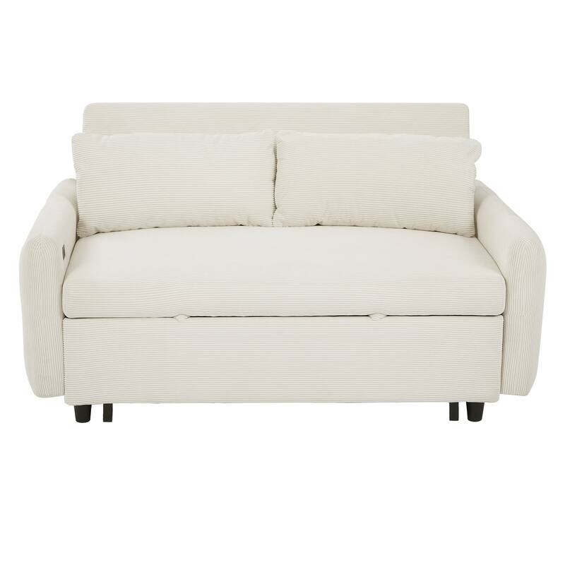 57.48" Corduroy Convertible Sofa Bed with Pull-Out Sleeper, Adjustable Backrest & USB