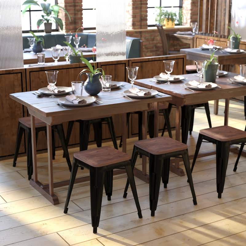 Set of 4 18" Table Height Indoor Stackable Metal Stool with Wood Seat - Black