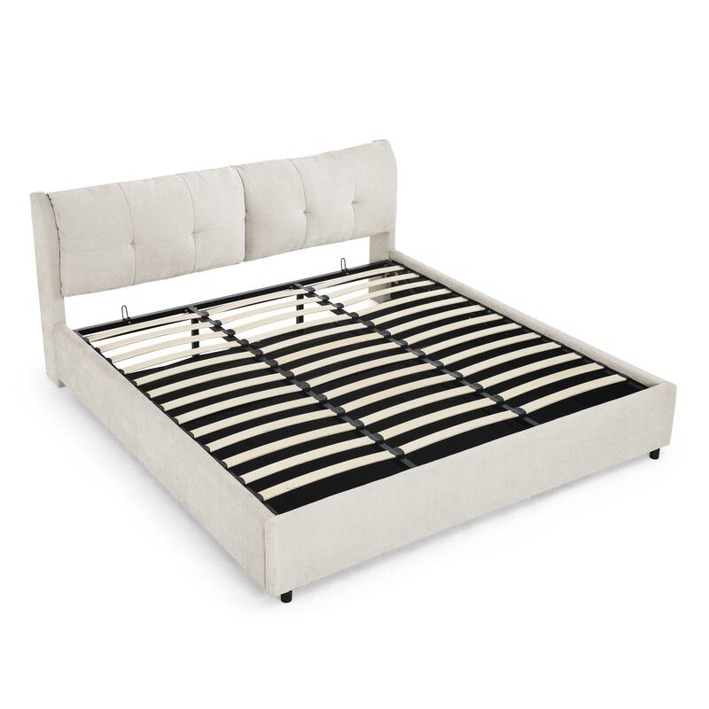 Roomfitters Queen/King Storage Upholstered Hydraulic Platform Bed with Integrated Headboard, Chenille Fabric