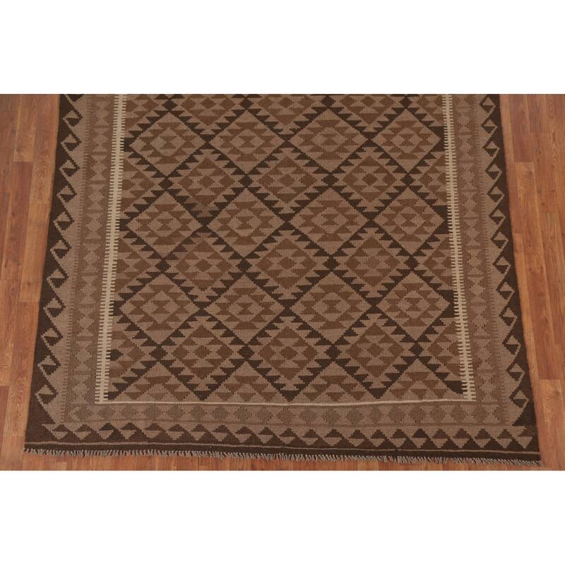 Hand Woven Oriental 100% Wool Carpet Southwestern Geometric Brown Kilim Area Rug - 9' 6'' X 6' 6''