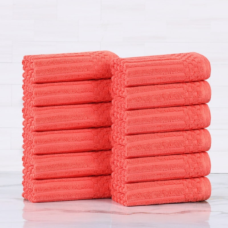 Superior Soho Ribbed Cotton Face Towel/Washcloth Set of 12 - Coral