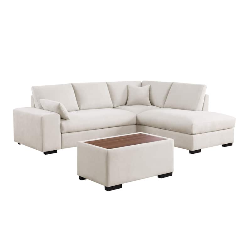 100"W Beige Woven Sectional Sofa w/ Right Chaise, Console Ottoman & 2 Pillows