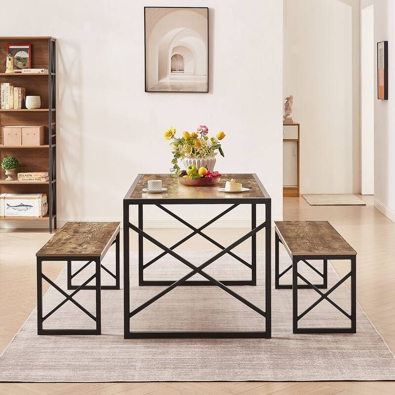 Javlergo 3-Piece Dining Table Set, 43"/55" Modern Wood Table Top Dining Table Set with Bench