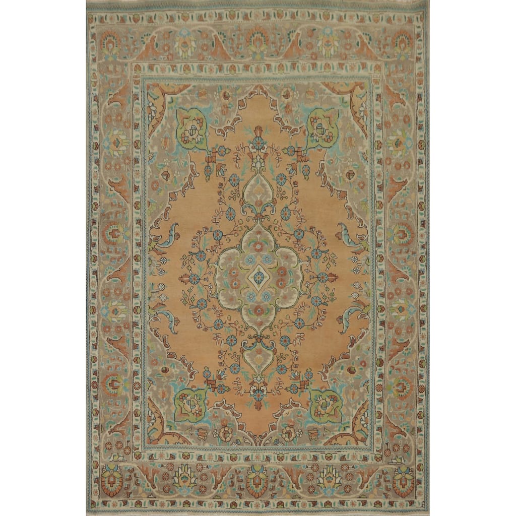 Hand Knotted Oriental 100% Wool Carpet Traditional Floral Oranges & Rust Tabriz Area Rug - 9' 4'' X 6' 9''