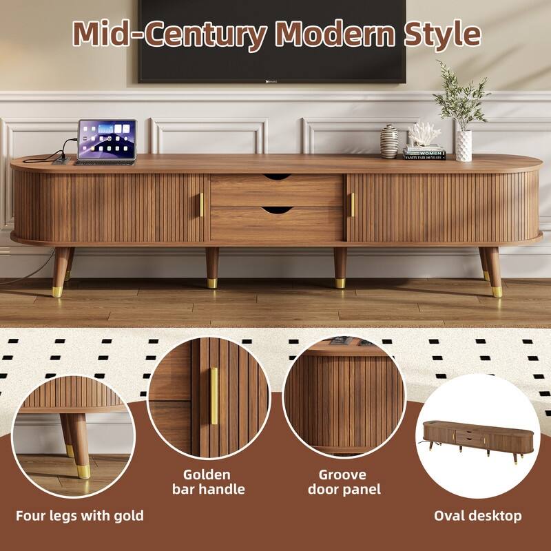 Mid-Century Modern Wooden TV Stand with Charging Station, Sliding Doors & Ample Storage for 80" TVs