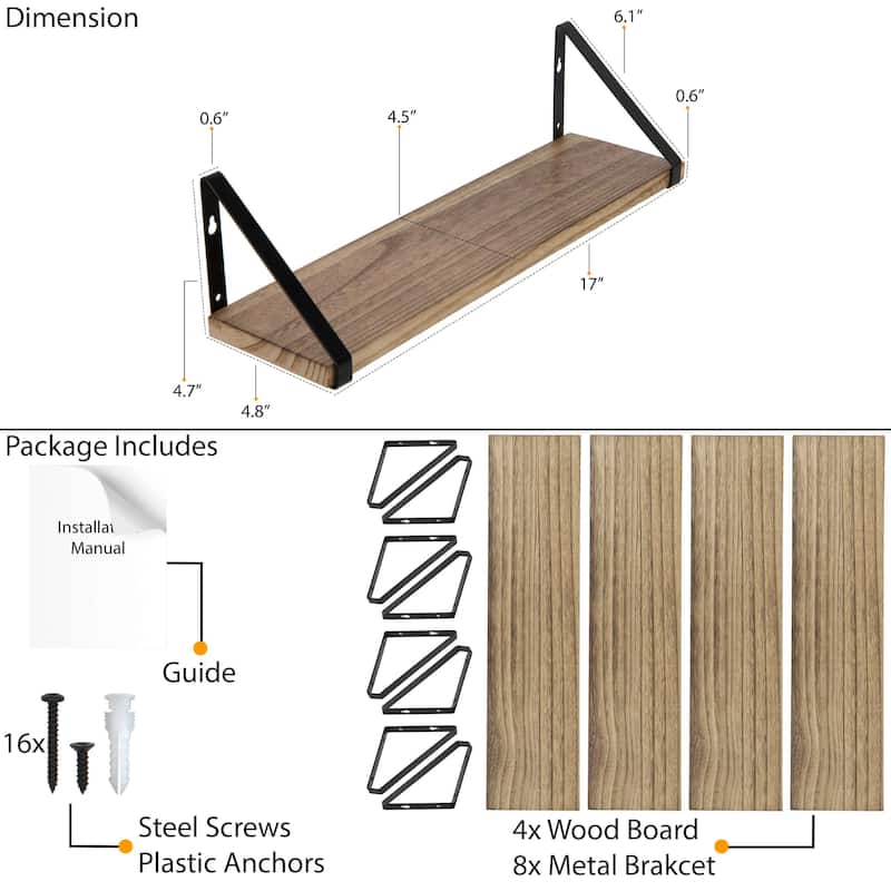 Wallniture Ponza 17inch Long, 4.5" Deep Wooden Shelves, Shelf for Kitchen