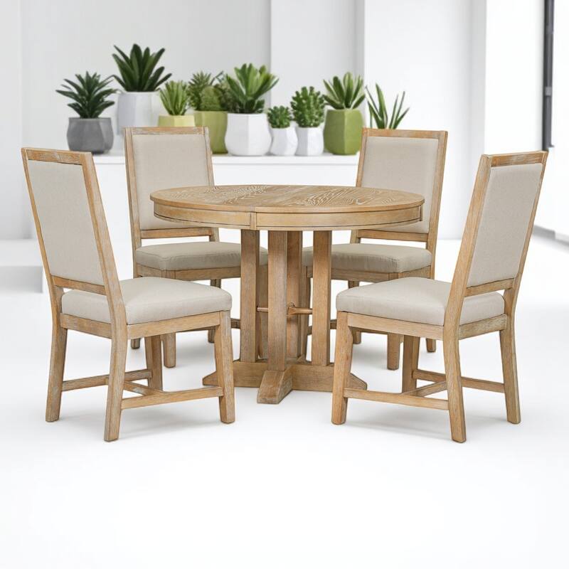 5-Piece Dining Table Set with Extendable Round Table, 4 Upholstered Chairs, MDF & Rubber Wood Frame, Kitchen Set for Dining Room
