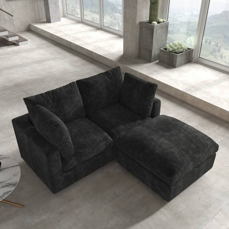 Modern Loveseat Couch with Ottoman Chenille Modular Sectional Sofa Removable Cover, Spring Cushions, Solid Wood Frame