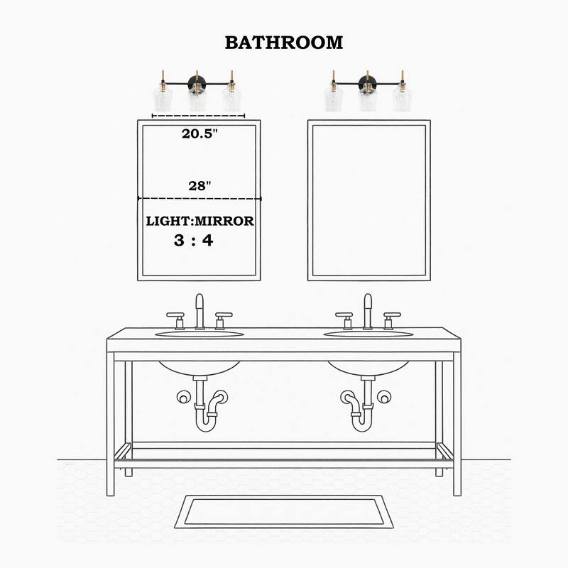 Modern 3-Light Black Gold Bathroom Vanity Light Linear Glass Wall Sconces