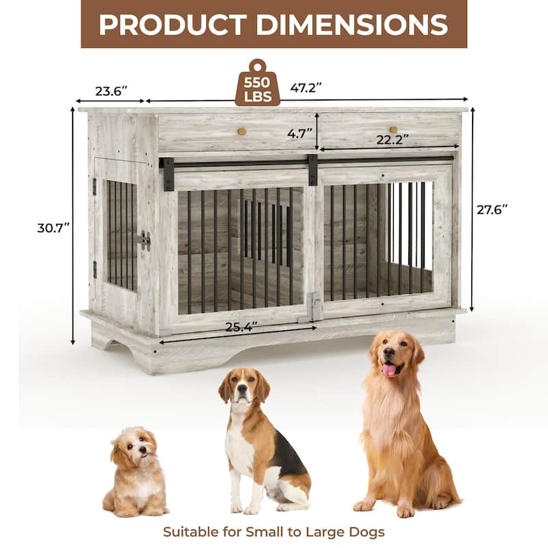 Furniture Style Dog Crate with Divider, Storage Drawers and 3 Doors