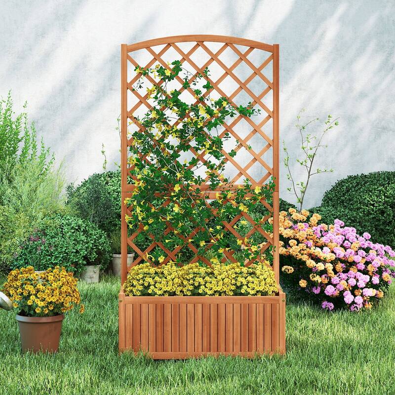 Costway 1/2 PCS 63” Wood Planter Container with Diamond Trellis, - Natural