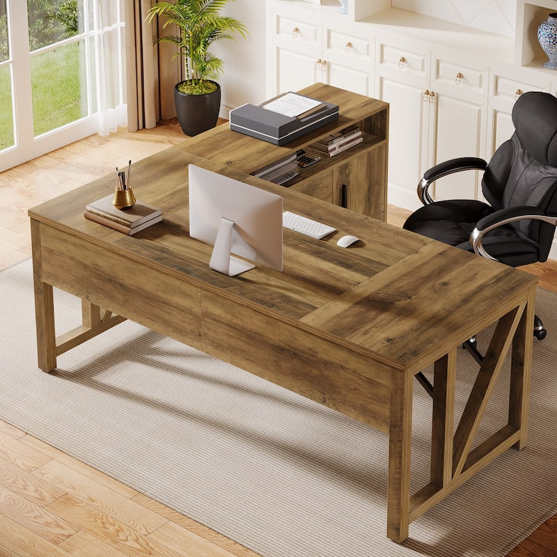 L Shaped Desk with Drawer Cabinet - Brown