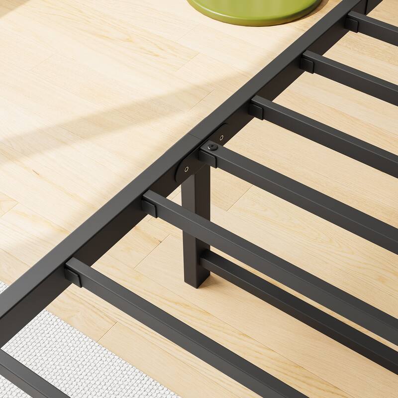 Twin Size Bed Frame with Storage Headboard and Charging Station, Metal & Wood, No Box Spring Needed