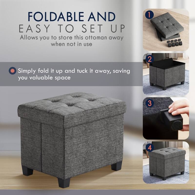 Ornavo Home Collapsible Rectangle Small Storage Ottoman with Legs - 12" x 16" x 12"