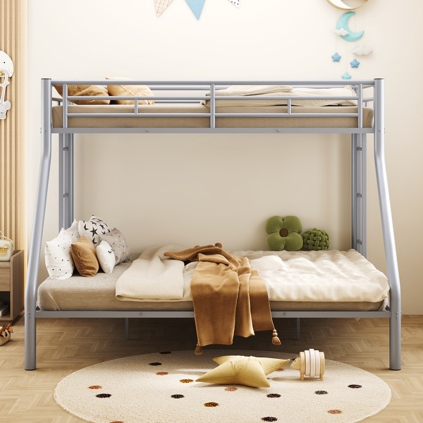 Silver Metal Twin XL Queen Bunk Bed with Ladder and Guardrails