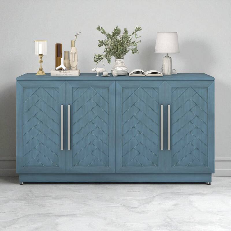 60" Buffet Sideboard Cabinet with Adjustable Shelves and Silver Handles, Storage Console for Kitchen or Dining Room - Antique Blue