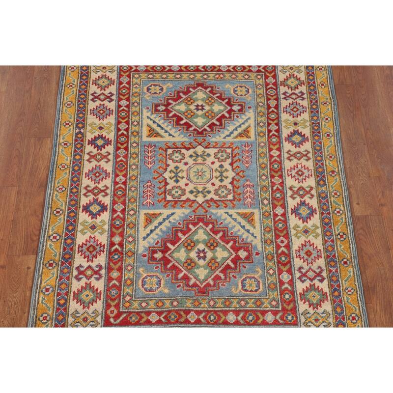 Geometric Kazak Accent Rug Handmade Foyer Wool Carpet - 3'2" x 4'8"