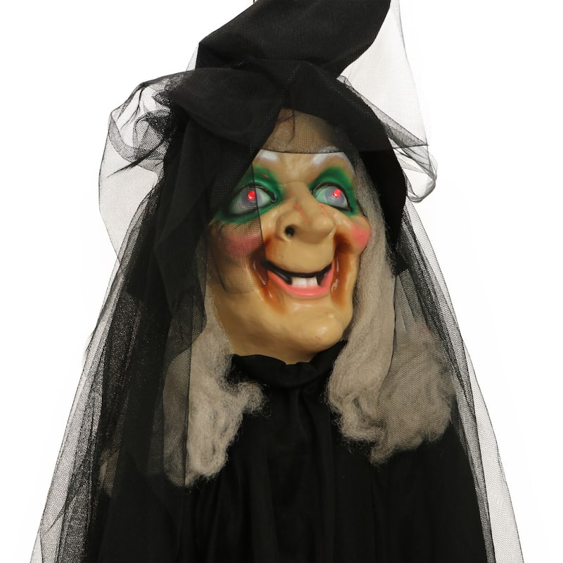 Haunted Hill Farm 6.5 ft. Witch on Broom, Indoor/Covered Outdoor Halloween Decoration, LED Red Eyes, Battery-Operated, Misty