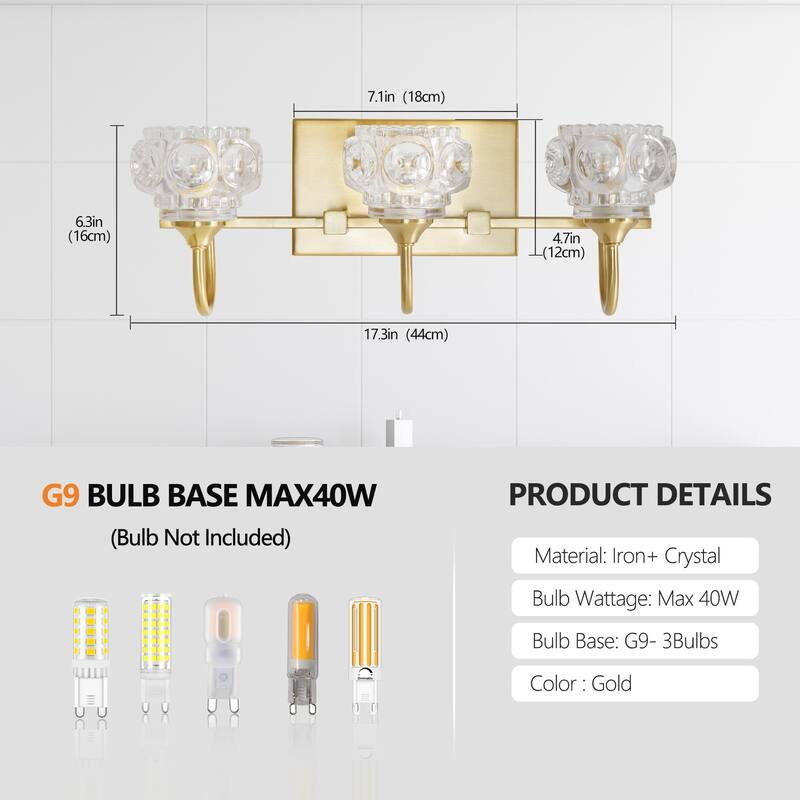 17" Modern Crystal Bathroom Vanity Light, 3-Light Wall Sconce with Clear Glass Shade, Elegant Wall Mount Lighting for Bathroom