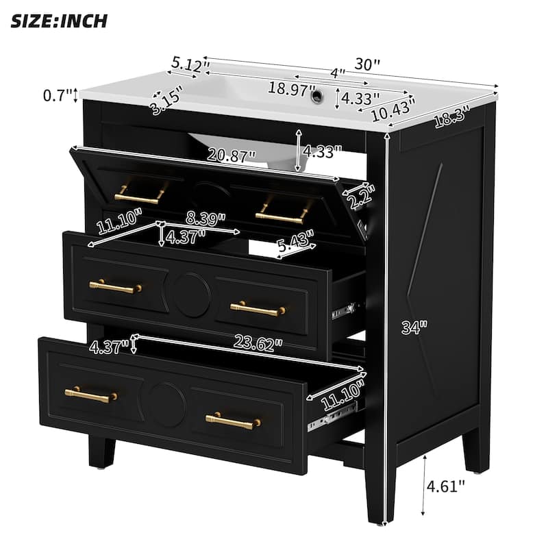 30"Bathroom Vanity with Ceramic Sink, Free Standing Single Vanity Set with 3 Drawers, Solid Wood Frame Storage Cabinet