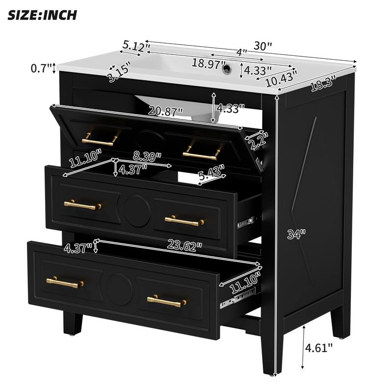 30'' Freestanding Bathroom Vanity Set‌ - Solid Wood Frame with Ceramic Sink & 3 Storage Drawers .
