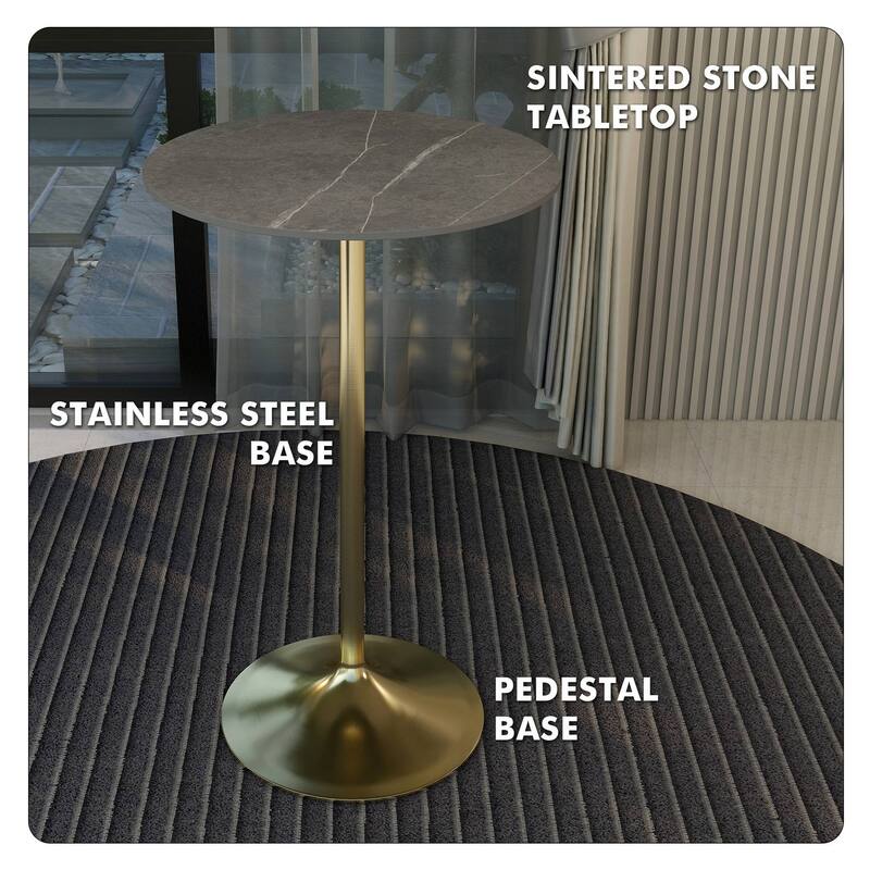 LeisureMod Verve 27" Bar Dining Table with Sintered Stone Round Top in Gold Steel, Gold Marbleized