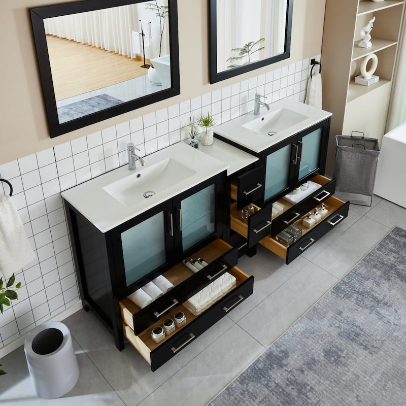 Vanity Art 84" Double Sink Bathroom Vanity Set 7 Dove-Tailed Drawers, 3 Cabinets, 2 Shelves, Soft-Closing Doors with Free Mirror