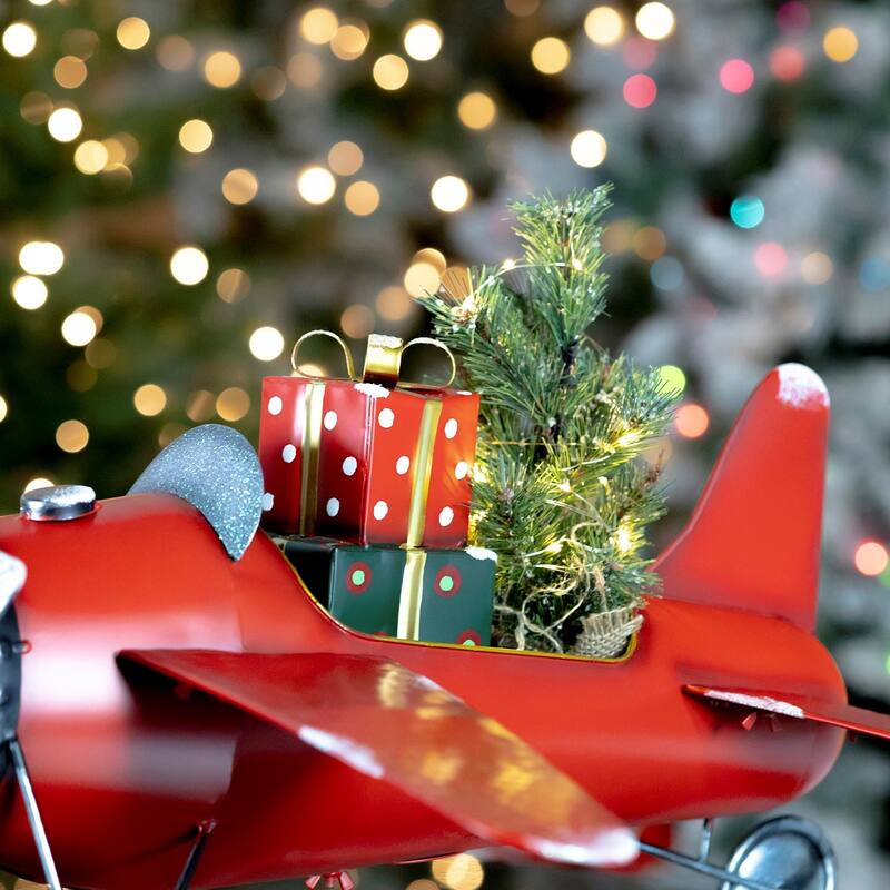 Small Red Airplane with Lighted Christmas Tree and Gifts - 29.5" L x 22" W x 12" H
