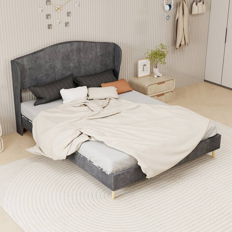 Luxurious Queen Size Velvet Upholstered Platform Bed, With Tufted Headboard