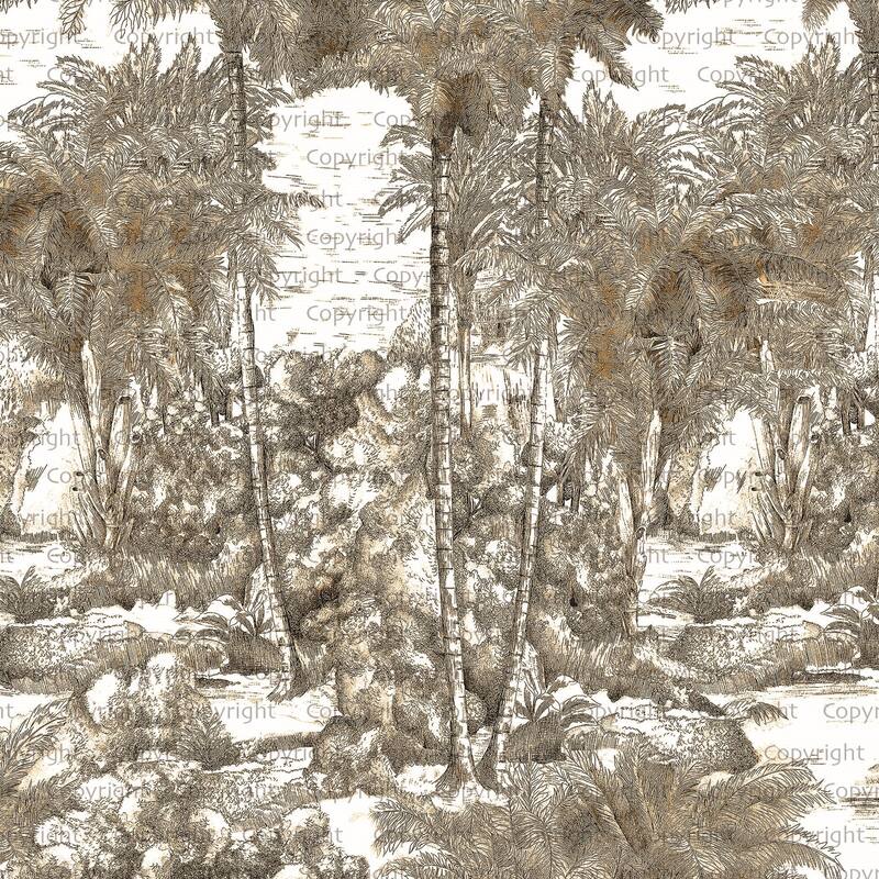Monochrome Jungle Hand-Drawn Tropical Wallpaper Mural - Brown - W:175" x H:118"