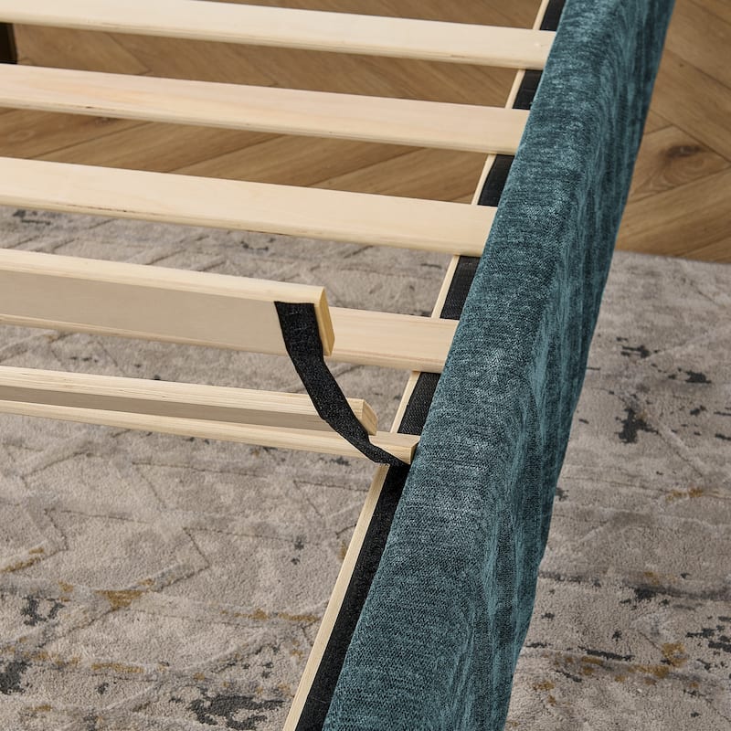 King Size Upholstered Bed Frame with Chenille fabric with pleated design,Grounded King Size Platform Bed