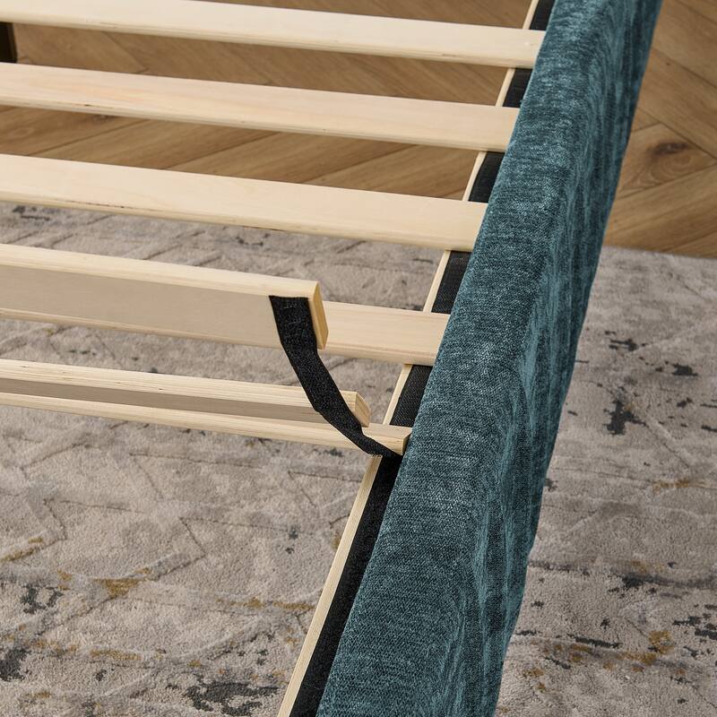 Pleating Upholstered Bed Platform Bed Frame with Enlarged Widened Headboard and Integrated Bedside Table Adjustable Bedside Lamp