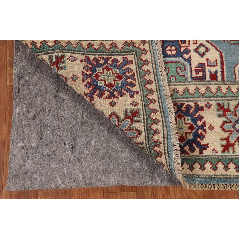 Light Blue Geometric Kazak Rug Hand-Knotted Oriental Wool Carpet - 4'11" x 6'8"