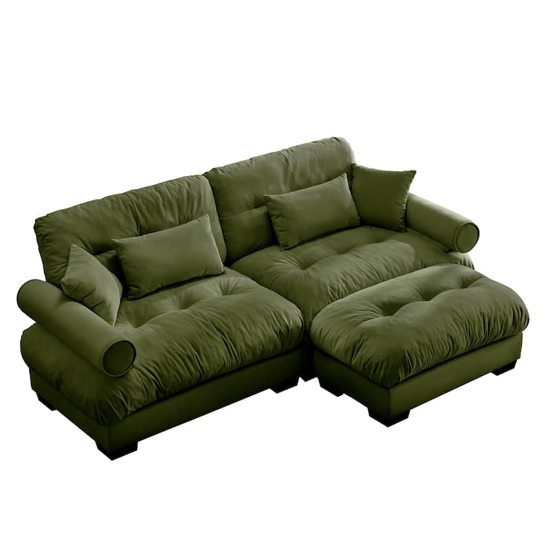 93.7" Velvet Sofa Set with Ottoman for Living Room, 2 Seat Upholstered Couch with Round Arms and Pillows for Bedroom, Office