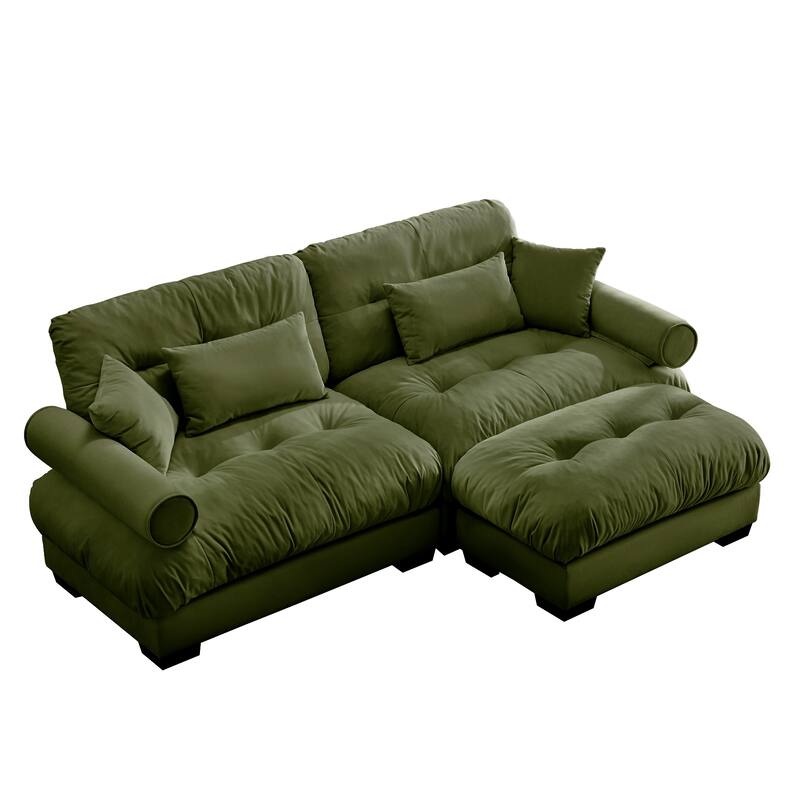 GDFStudio - Meridian Velvet 2-seater Cloud Sofa with Ottoman and Round Bolster Armrests