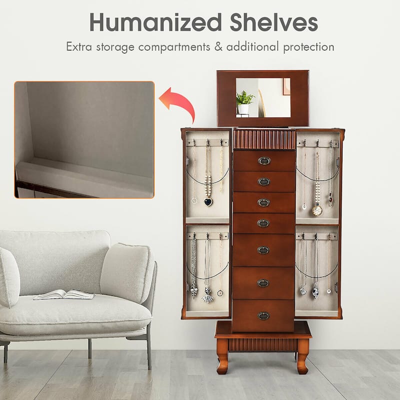 Costway Jewelry Cabinet Storage Chest Stand Organizer Necklace Wood - 14.8''(L) X9''(W) X38.6''(H)