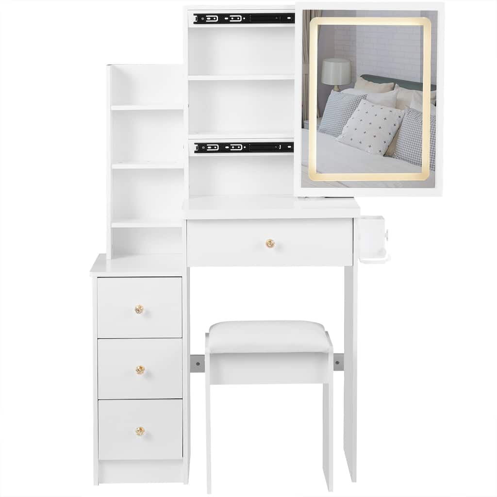 29.2" Small Size Left Bedside Cabinet Vanity Table + Cushioned Stool, 2 AC+2 USB Power Station, Hair dryer bracket