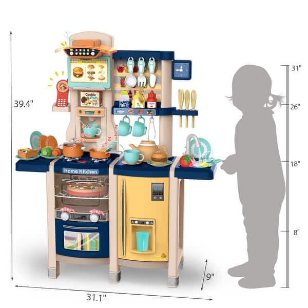 Large Pretend Play Kitchen Set with Realistic Lights, Vivid Sounds, Play Phone, Clock and 65 Pcs Accessories, 3 +