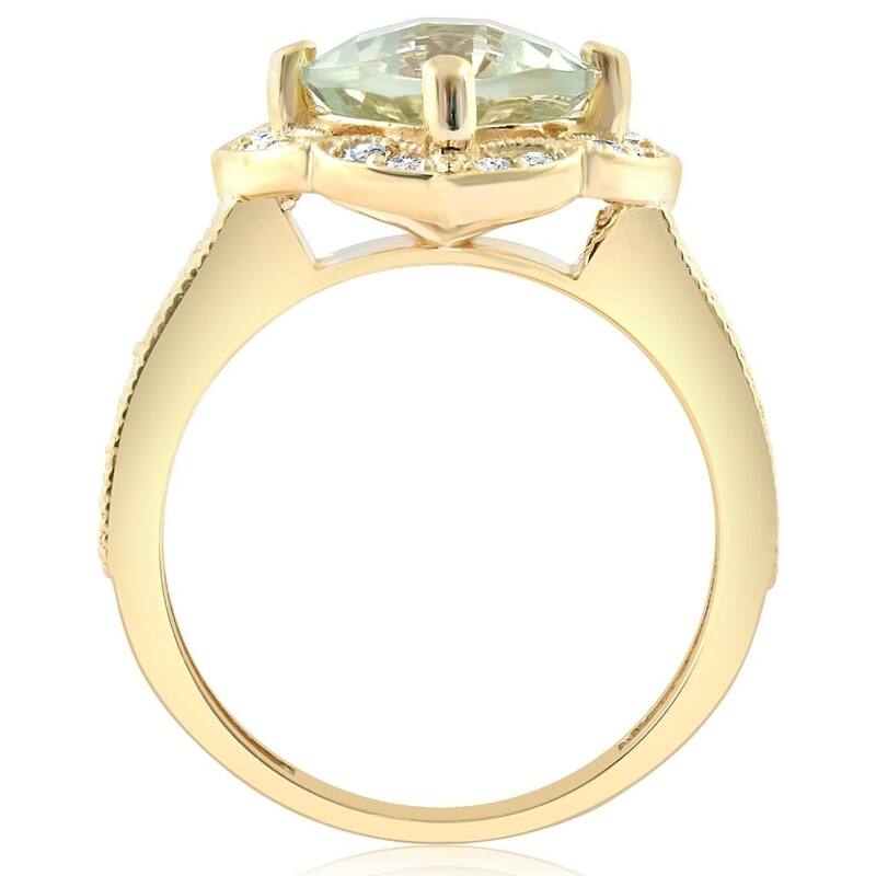4 1/2Ct Green Amerthyst Cushion & Diamond Ring in 10k Yellow Gold