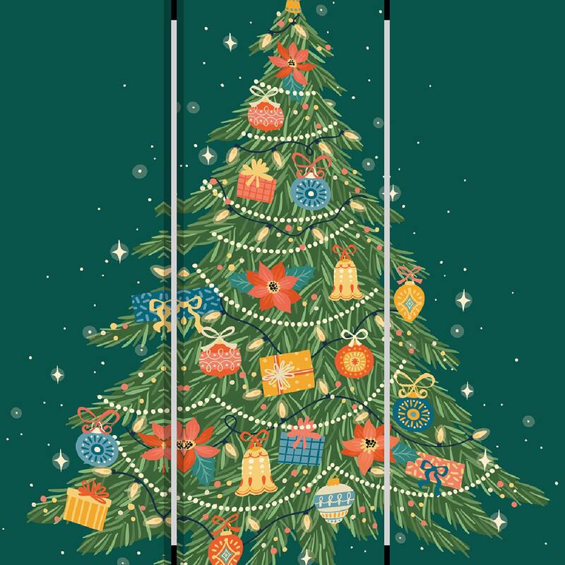 72 Inch 3 Panel Canvas Screen Room Divider, Painted Christmas Tree, Green