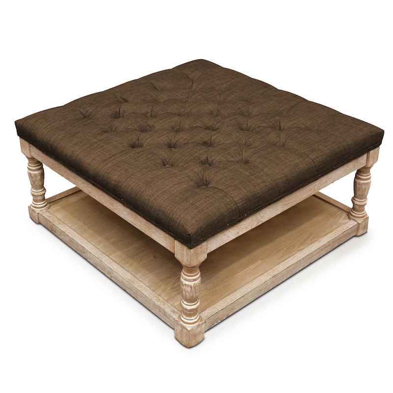 Cairona Tufted Textile 34-inch Shelved Ottoman Table - Brown Top/Natural Wood
