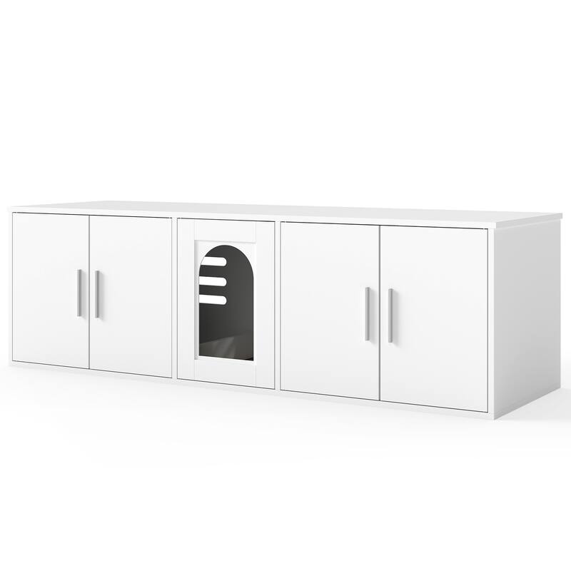 White Engineered Wood Cat Litter Box Cabinet with Double Rooms and Scratcher