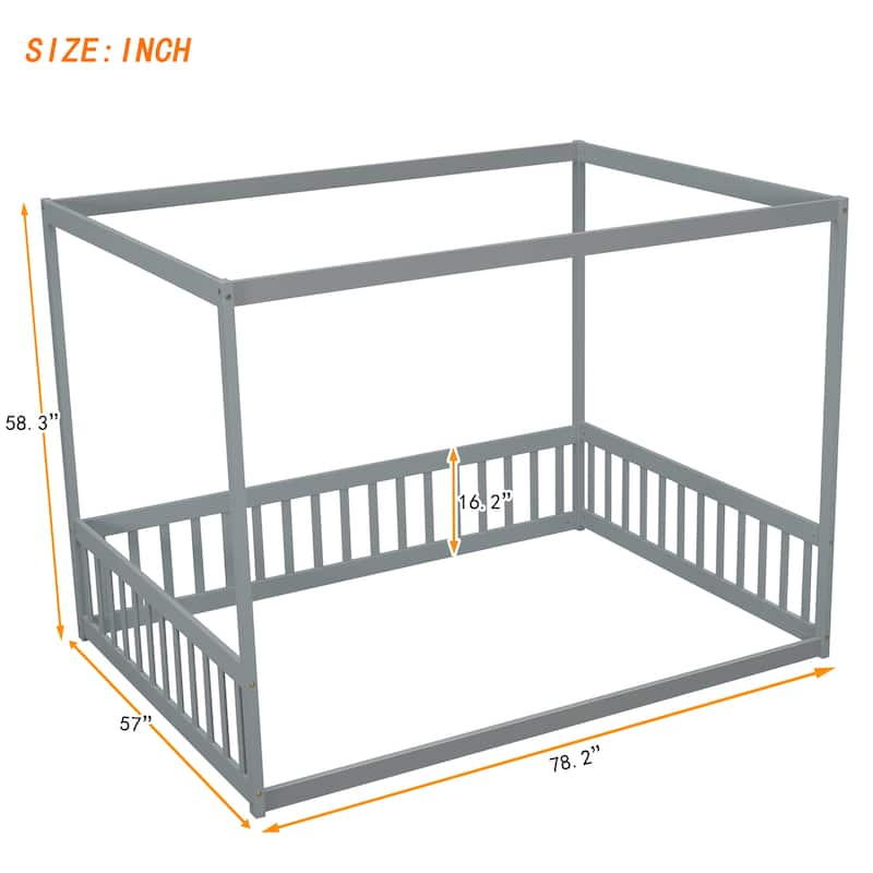 Canopy Frame Floor Bed with Fence and Guardrails