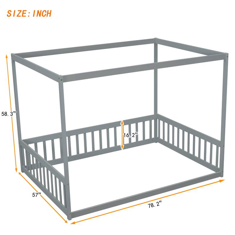 Pine Wood Canopy Frame Floor Bed with Fence and Guardrails for Bedroom