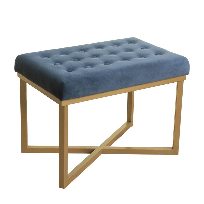 Silver Orchid Pugo Rectangular Ottoman with Midnight Velvet Tufted Cushion and Gold Metal X Base