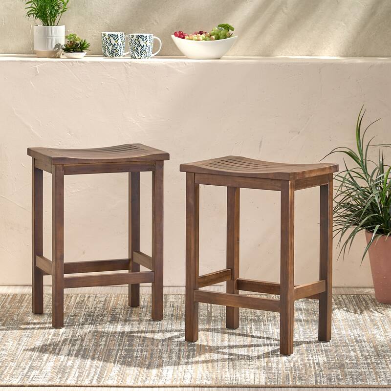 Roomfitters Outdoor Acacia Wood Bar Stool Set of 2, 24'' Counter Height Backless Patio Stools with Curved Seat, Mahogany Brown - Dark Mahogany