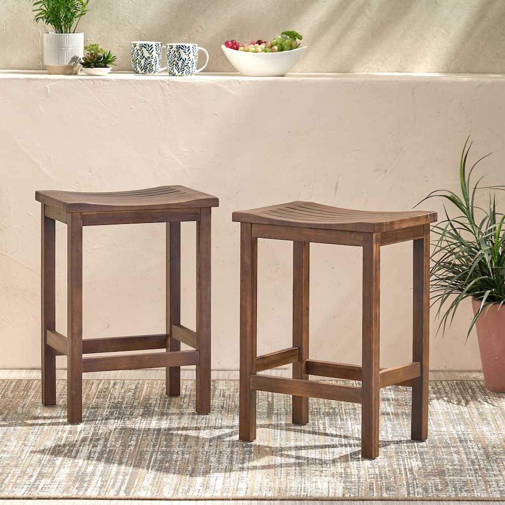 Roomfitters Outdoor Acacia Wood Bar Stool Set of 2, 24'' Counter Height Backless Patio Stools with Curved Seat, Mahogany Brown