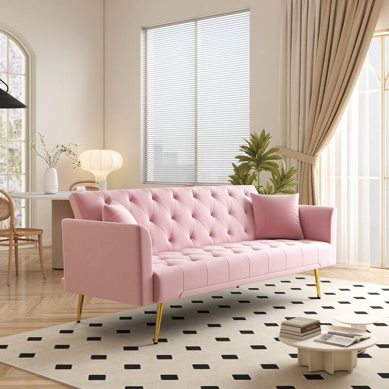 Convertible Sleeper Sofa Bed, Foldable Velvet Loveseat with Adjustable Backrest and Metal Legs, Cloud Chaise Lounge Couch