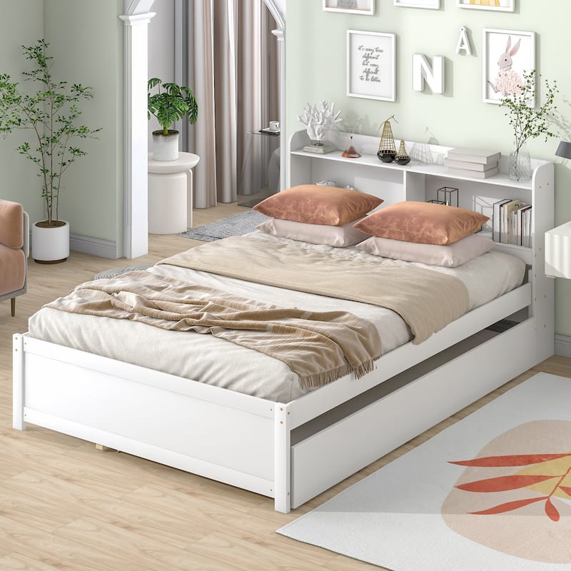 White Full Size Solid Wood Platform Bed with Bookcase Headboard, Trundle, and Storage