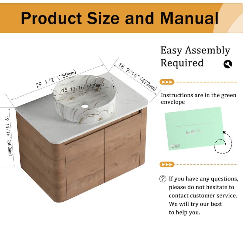 Malwee 24"/30" Floating Bathroom Vanity, Wall Mounted Bathroom Vanity with Ceramic Sink and Soft Close Door
